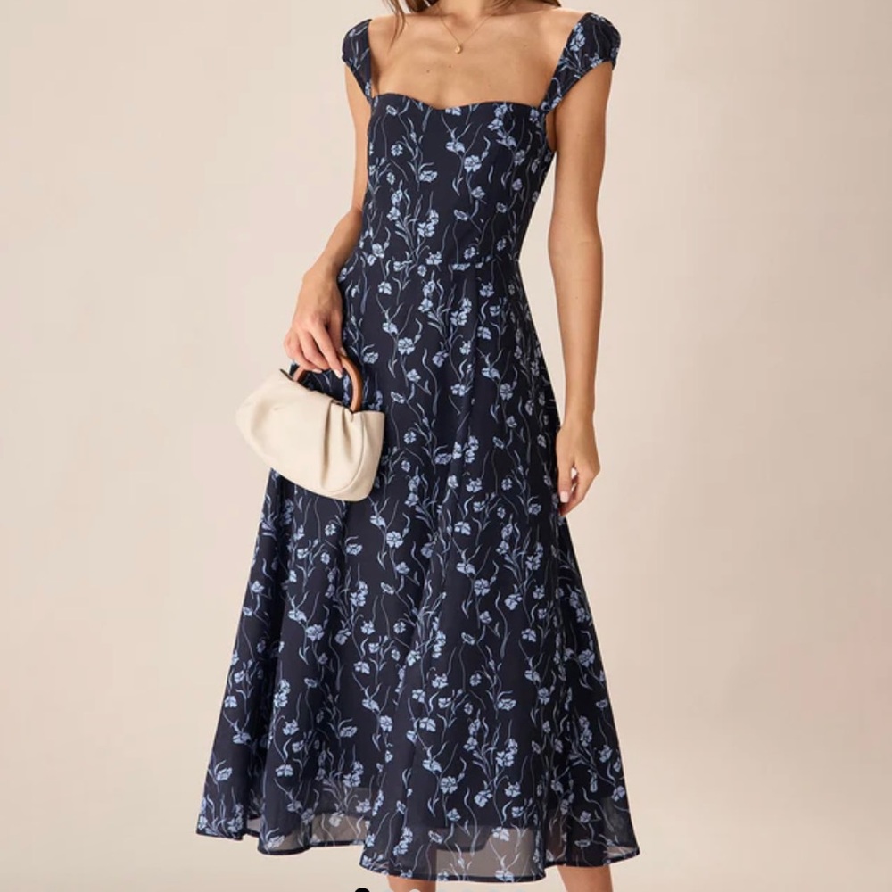 Navy Floral Sweetheart Midi Dress
